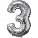 Mid Size Number 3 Silver Foil Balloon L26 Packed 4