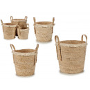 set of 3 round straw baskets with hair
