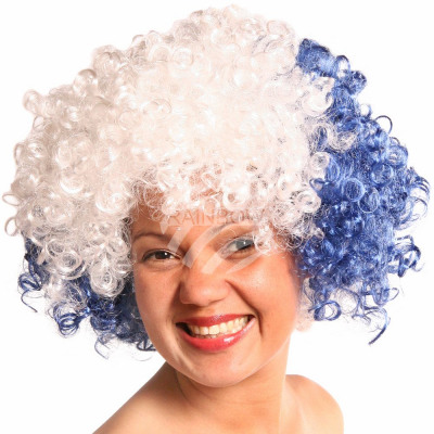 blue and white afro wig