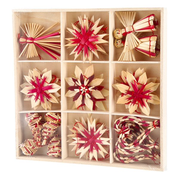  Szalmaválogatás, karácsony, 18 darabos, fadobozban