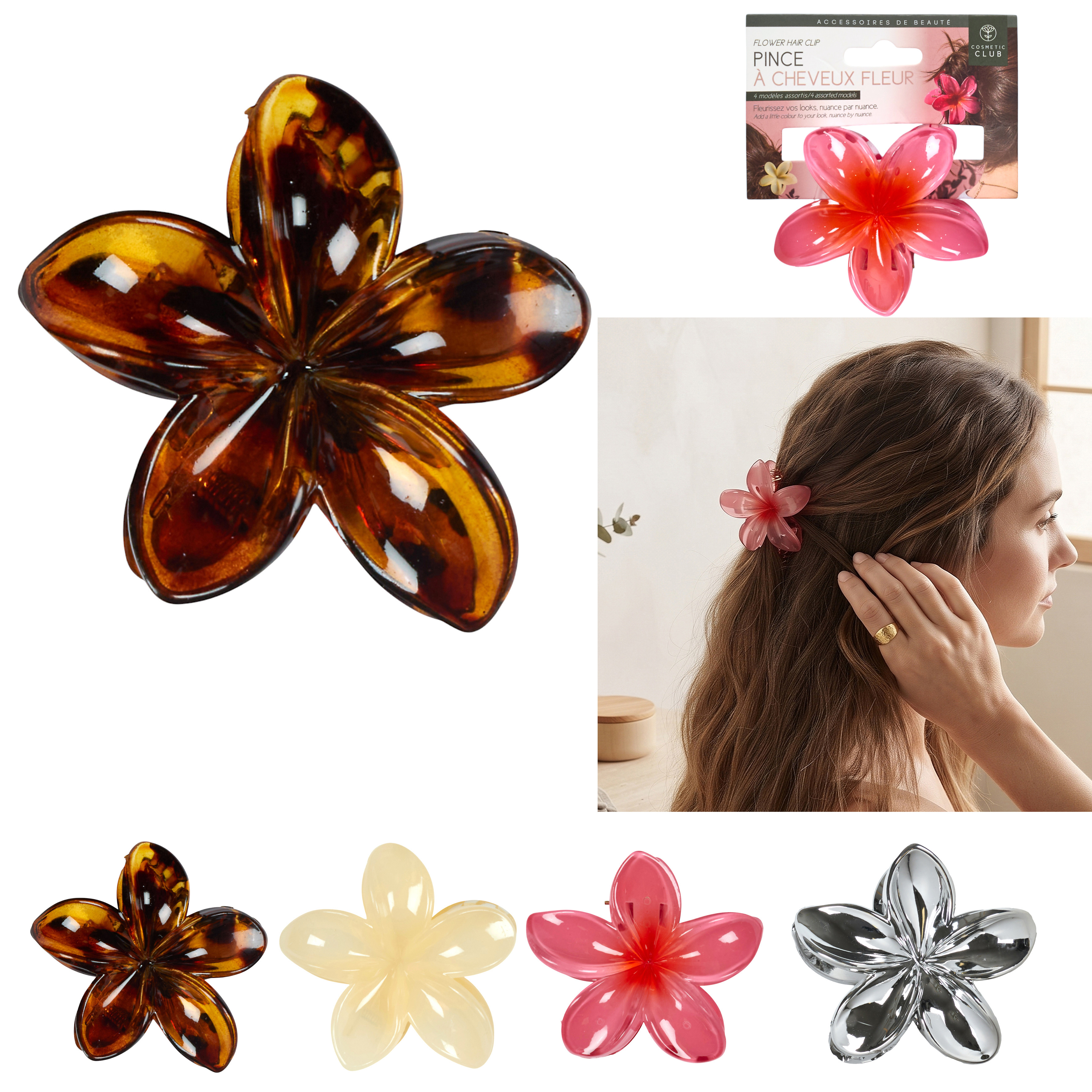  1 Haarspange mit Blume, 4- fach sortiert