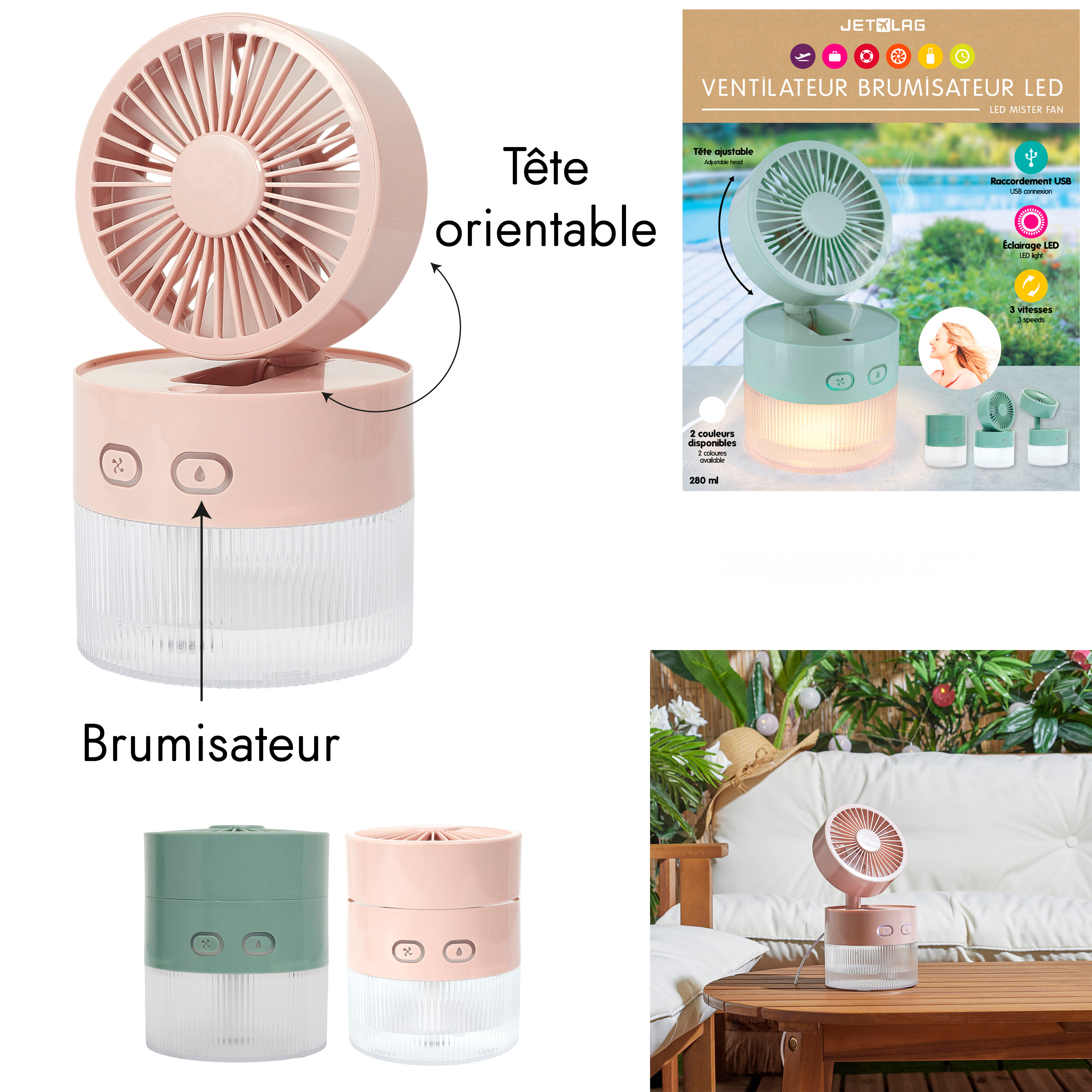  nebelventilator usb led schwenkbar, 2-fach
