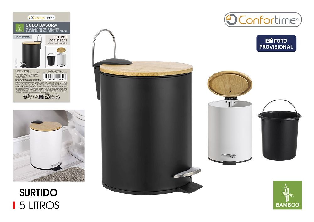  Poubelle à pédale en métal/bambou de 5 L, confort