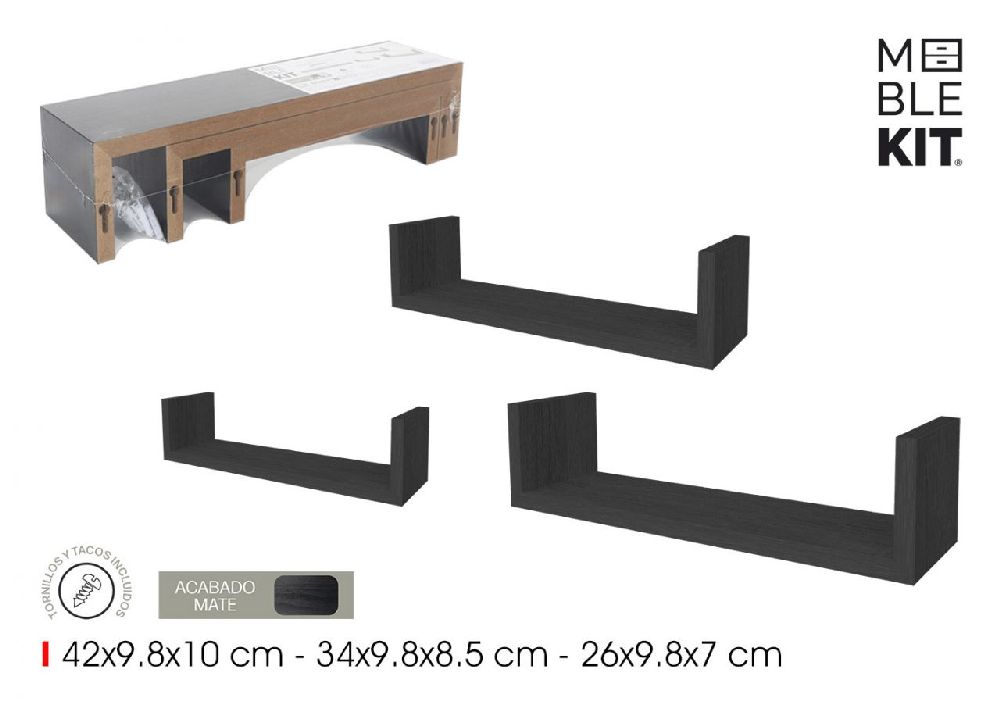  Set van 3 zwevende planken. 42/34/26 zwart moblek