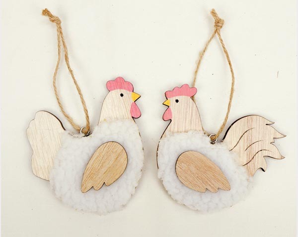  Coq et poule en bois avec fourrure 8,5x8x1cm, 2 co