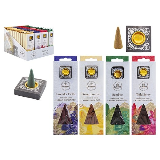  40 Duftkegel mit Holzständer, 4 Flakons
